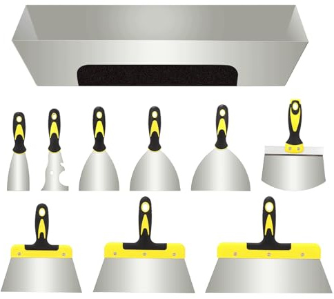 Spachtel Set, 10 Teiliges Spachtel Werkzeug aus Edelstahl, Farb Tapeten Schaber Set, Edelstahl Farbschaber Set, Flächenspachtel Trockenbau Werkzeug Enthält Breite Spachtel, Tapeten Spachtel Glättkelle