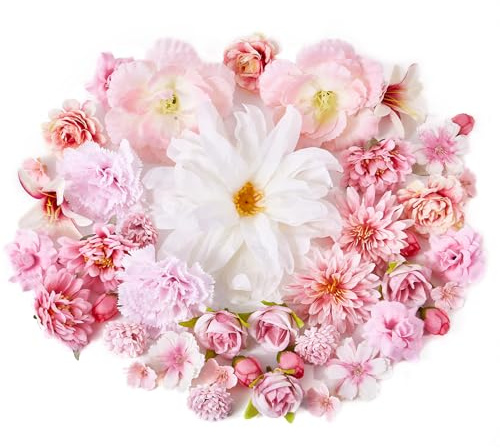 Prelisee 42 Pièces Fleurs Artificielles Deco Fausse Fleur en Tissu 13 Espèces 2-13cm Petite Tête de Fleur Rose Artificielle pour DIY Bricolage Scrapbooking Decoration Gateau Mariage Table Fête