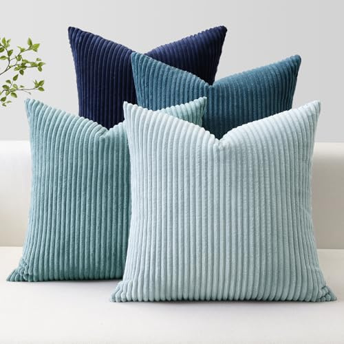JOTOM 4er Set Cord Kissenbezüge Kissenhülle Dekorative Zierkissen Couchkissen Sofakissen Dekokissen Kordsamt Kissenbezug Deko Kissenhülle für Sofa Wohnzimmer (40x40cm, Blaue Marine Serie)
