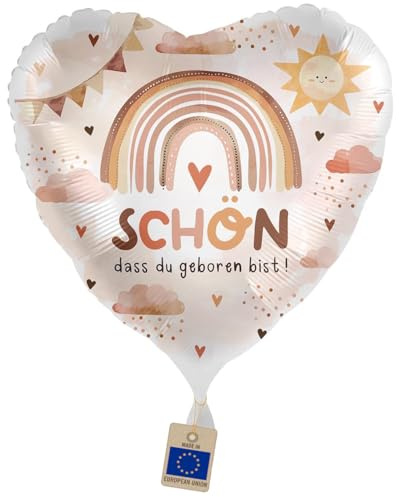 Herzballon Baby 'Schön, dass du geboren bist' Regenbogen Sonnenschein Folienballon Geburt Deko Babyparty Mädchen Luftballon Made in EU, Helium geeignet
