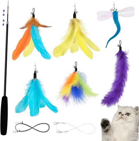 SONGWAY Interaktives Katzenspielzeug Angel mit Feder, Einziehbarer Katzenangel lang, Katzenspielzeug Set mit 6 Katzenangel Ersatzfedern Anhänger Feder Glocke für Kätzchen und Katzen