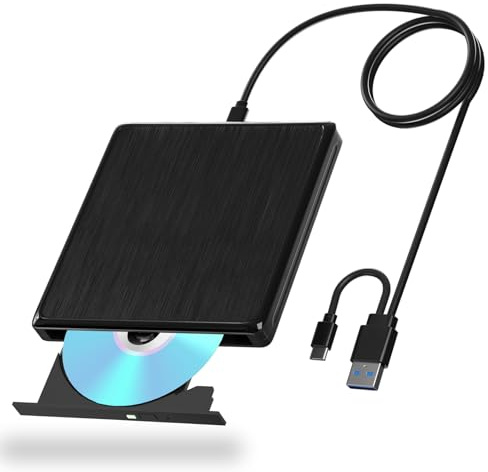 External CD/DVD Drive for Laptop, USB 3.0 and Type-C USB CD/DVD External Drive DVD Burner, External DVD Player for Laptop with Extended Data Cable, Portable CD Burner for Mac OS Windows Linux