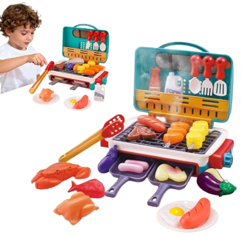 WRQIOO Kids BBQ Grill Playset, Kids Sensory Kitchen BBQ with Spray and Color-Changing Food Model, Ki-ds BB-Q Grill Toy for Toddlers Boys Girls