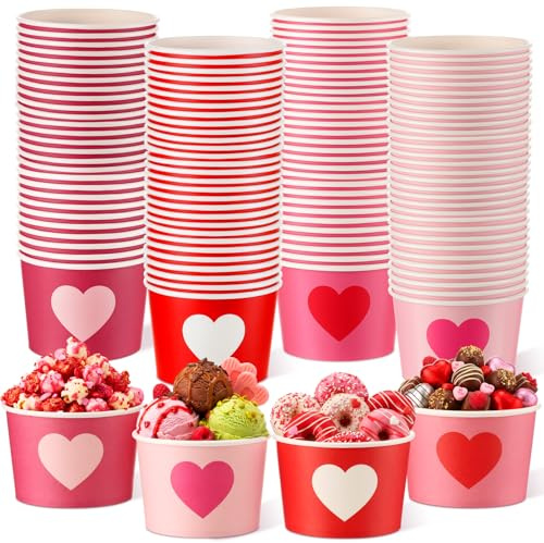 Romooa 48 Pcs 9oz Valentine's Day Paper Bowls Heart Treat Snack Cups Valentine's Day Ice Cream Dessert Bowls Pink Red Treat Snack Dessert Cups for Hot or Cold Food Party Favor Supplies