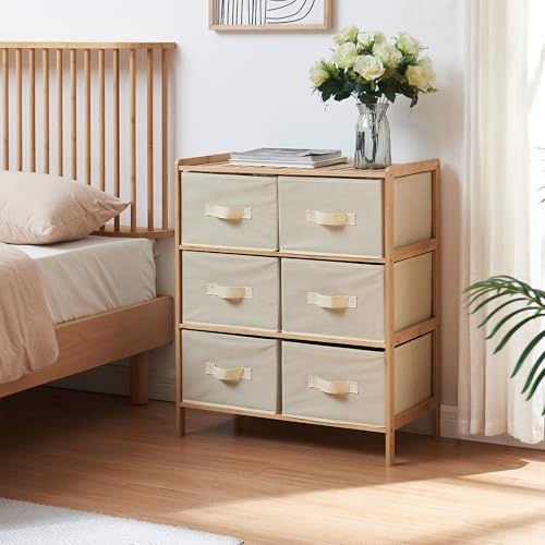 [en.casa] Cassettiera con 6 Cassetti in Tessuto non Tessuto per Camera da Letto Mobile Contenitore Comò Organizzatore in Bambù Guardaroba Bagno 79 x 66 x 35 cm - Naturale/Beige