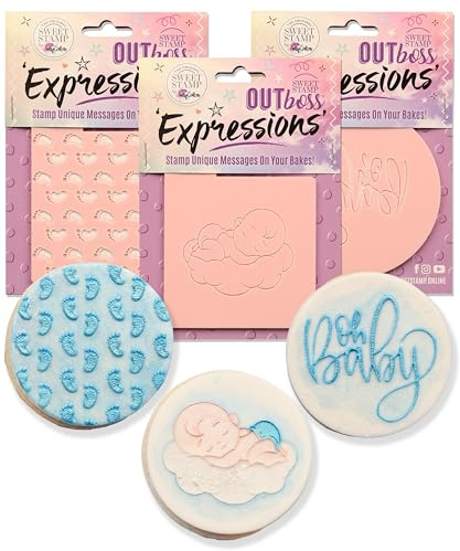Baby Cookie Stamp - 3D Raised Baby Fondant Stamp OUTboss Bundle Set - Baking Tools for Cookies, Cupcakes & Toppers - Includes 3 Mess-Free Designs Oh Baby, Feet & Mobile - 3 Pcs
