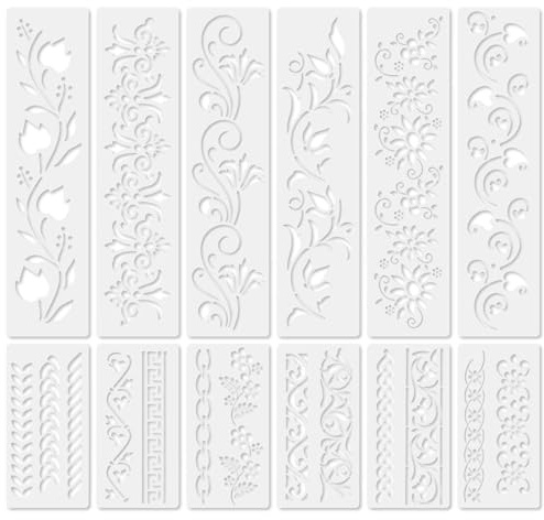 12 Stück Spitzen Bordüren Schablonen Set Blumen Muster Malschablonen Aus Robustem Kunststoff Für Erwachsene Heimwerker Für Holz Möbel Wand Textilien DIY Bastelarbeiten Hochzeitsdeko Kunsthandwerk