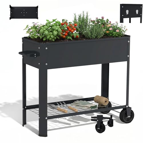 HENGMEI Jardinera elevada con ruedas y asas para jardín de metal con estante, robusta caja de cultivo para verduras y hierbas, ideal como espiral de hierbas y jardinera para balcón, 80 x 35 x 80 cm