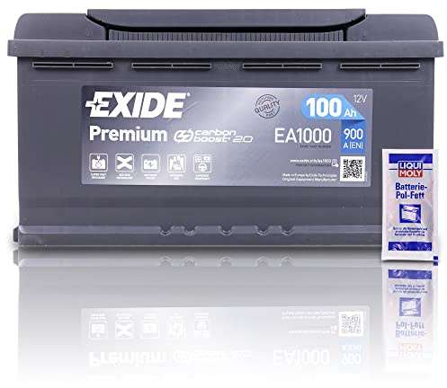 EXIDE EA1000 Premium Carbon Boost Autobatterie12V 100Ah 900A PKW KFZ Starterbatterie Batterie - Ersetzt 85Ah 88Ah 90Ah 92Ah 95Ah + 1x Batteriepolfett | Starterbatterie Batterie - Ersetzt 85Ah 88Ah 90Ah 92Ah 95Ah + 1x Batteriepolfett