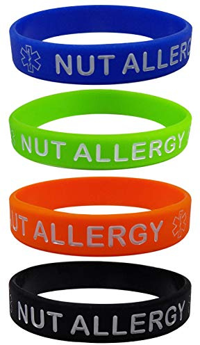 'NUT Allergy' Silicone Wristbands - Blue, Orange, Green and Black Small Sizes (4 Pack)