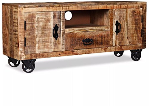 Tidyard TV-Lowboard TV Schrank Fernsehschrank Fernsehtisch Massives und raues Mangoholz 4 Eisenrädern 120 x 30 x 50 cm