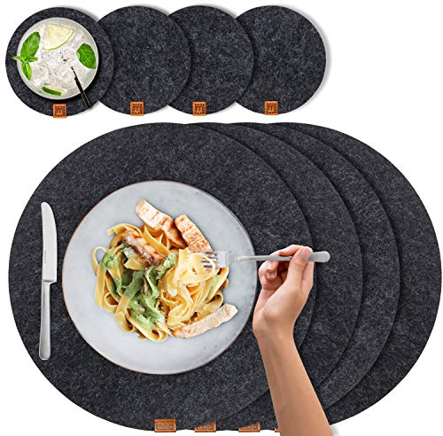 Scandi Style Felt & Leather Placemats (Round) - 4 Table Mats + 4 Glass Coaster