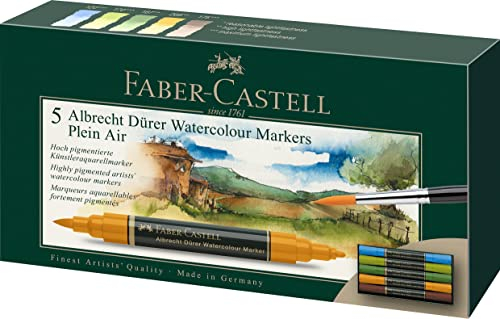 Faber-Castell 160309 - Aquarellmarker Albrecht Dürer mit Doppelspitze für flächigen und präzisen Farbauftrag, 5er Etui, Naturfarben, bunt
