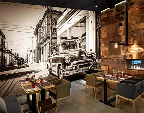 große Fototapete 3D Retro nostalgische Schwarz-Weiß-Straße Oldtimer Hotel Restaurant Wandbild 3D Wallpaper-430 * 300