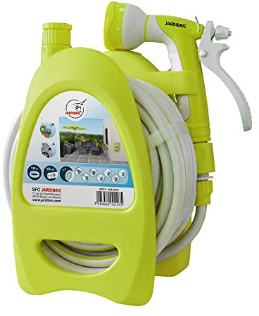 Jardibric - Dévidoir d’Arrosage Portable avec Tuyau Ø10 mm x 10 m - Pistolet 7 Jets, Nez de Robinet et Raccords Inclus