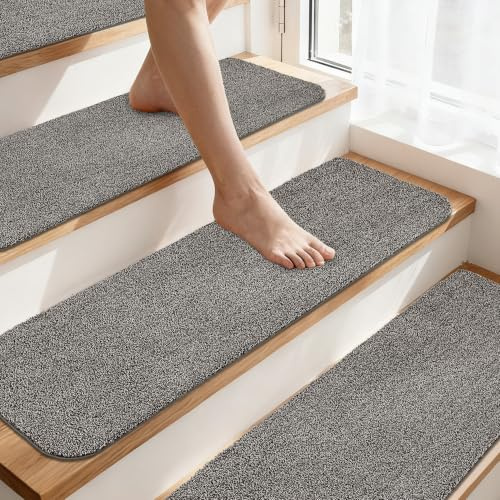 COSY HOMEER Stufenmatten rutschfeste Teppichmatte 71,1 x 22,9 cm Indoor Treppenläufer für Holzstufen, Treppenteppiche für Kinder und Hunde, 100% Polyester TPE-Rückseite, 15 Stück, grau