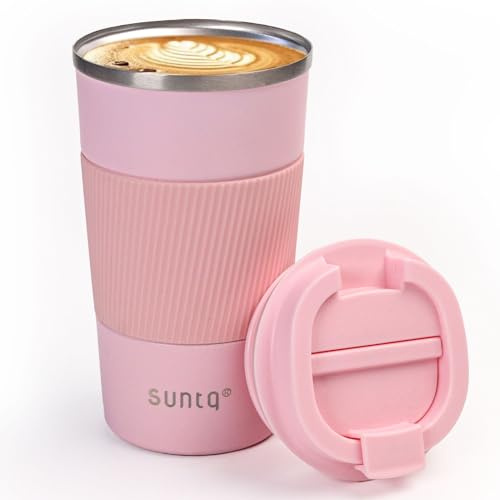 SUNTQ Kaffeebecher to go Thermo aus Edelstahl - Thermobecher mit Gummierte Manschette Doppelwand Isoliert - Kaffeetasse mit Auslaufsicherem Deckel Wiederverwendbar 510ml Rosa