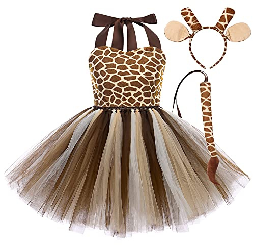 OBEEII Disfraz de animal para niños, tigre/leopardo/vacas/cebra/jirafa, disfraz con cola de aro para niñas, Halloween, cosplay, Navidad, actuaciones escénicas, 9-10 años
