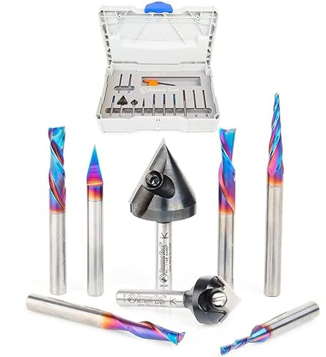Amana Tool AMS-257 Allzweck-CNC-Oberfräsen-Set, Fräser, Nutfräser, Fasenfräser, verpackt in stapelbarem Kunststoffgehäuse, 1/4-Zoll-Schaft
