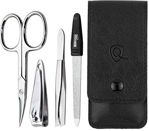 marQus Maniküre Set 4 teilig praktisch und kompakt- mit Feile aus Solingen, das praktische Nagelpflegeset für alle Fälle und Taschen, Reise Nageletui Farbe: Schwarz