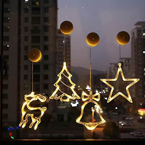 Weihnachtsbeleuchtung Fenster, RosyFate 4 x Saugnapf Lichterkette Fenster, Fensterdeko Hängend Fensterlicht mit Saugnapf LED, Christmas Decorations Indoor / Outdoor