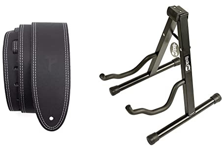 PERRI'S LEATHERS - Gitarrengurt mit Doppelnaht - Verstellbare Länge - E-Gitarre, Akustikgitarre und Bass - Leder - Schwarz & Rockjam Universal Tragbarer A-Frame-Gitarrenständer für Akustikgitarre