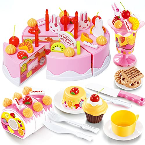 Gâteau d'anniversaire Jouet 75 Pièces, Jeu de Desserts et Dinette Cuisine Enfant, Aliment à Couper, Accessoires Dinette Plastique, Jeu de Rôle Cadeaux d'anniversaire pour Filles Garçons 3 4 5 Ans