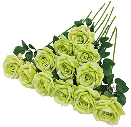 ATFL Künstliche Rosen, hellgrün, Kunstblumen, 12 Stück, zartgrüne Seidenrosen, Durchmesser 10,2 cm, Kunstblume mit Stielen für Heimdekoration, Ramos de Flores Artificiales para Decoracion