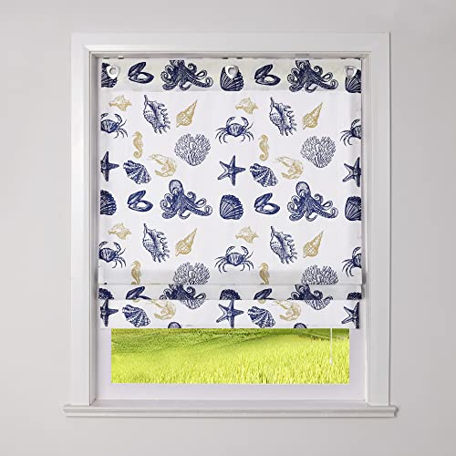 CORLIF Raffrollo Blickdicht Raffgardinen Landhaus Schlaufenrollo Küche Rollos mit Seestern Muster Kurze Fenster Gardine Weiß mit Ösen B/H 60/140 cm