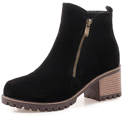 Bviennic Mujer Punta Redonda Botines Tacón Ancho Invierno Moda Plataforma Botines Chelsea Casual Warm Chunky Botines Cremallera Negro Talla 34 Eu