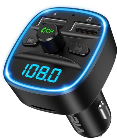 Bluetooth FM Transmitter for Car, Car Adapter Wireless In-Car Radio Adapter Music Player with Dual USB Charging, Hands-Free Calling, Car Charger Supports TF Card and USB Disk