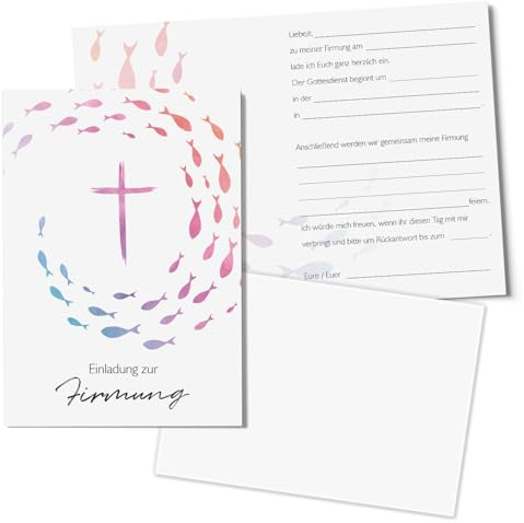 dv1205 Lot de 15 cartes d'invitation pour confirmation - Pliables - Format A6 - Avec 15 enveloppes avec croix multicolore - Pré-remplies avec texte de l'espace - Carte d'invitation et confirmation