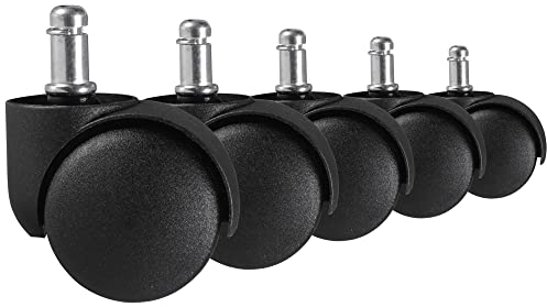 Teppichbodenrollen Schwarz 5er Set Rollen für Bürostühle Teppich-Boden | Weichbodenrollen Durchmesser 50mm Drehstuhlrollen Stift 11mm | Büro-Stuhlrollen für weiche Böden