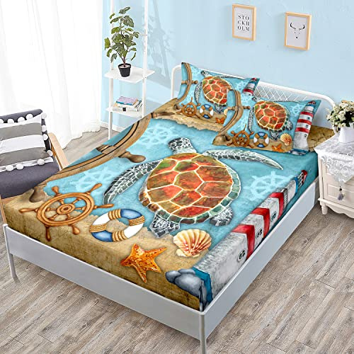 HOSIMA Sea Turtle Twin Sheet Set, Lighthouse Rudder Starfish Shell Pattern Nautical Theme Bedding, Vintage Blue Ocean Kids Fitted Sheet Sets, Brown-Blue
