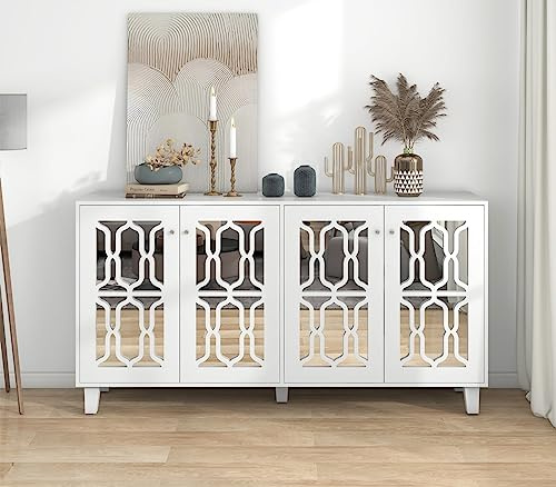 Buffet en bois pour couloir et salon - Blanc miroir avec poignées en cristal froides - 4 portes et stratifié mobile - 160 x 40 x 84 cm