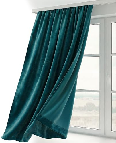 BEAUTEX Samt Vorhang Kräuselband U-Band Gardine Velvet abdunkelnd und Blickdicht, 140x245 cm (Breite 140 cm, Höhe 245 cm, Petrol)