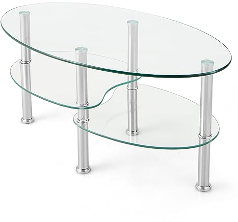 GIANTEX Couchtisch aus gehärtetem Glas, ovaler Beistelltisch mit 3 Glas-Ablagen & Edelstahlbeinen mit Fußpolstern, eleganter Wohnzimmertisch für Büro & Zuhause, 89 × 49× 45 cm (Transparent)