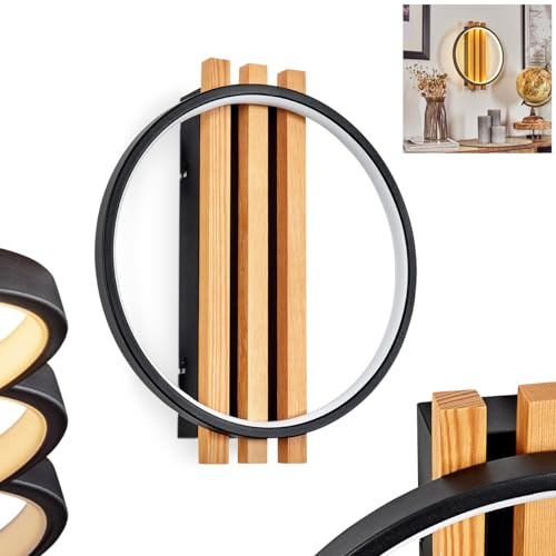 LED Wandleuchte Rodekro, dimmbare Wandlampe aus Metall/Holz/Kunststoff in Schwarz/Natur/Weiß, Leuchte im modernen Design, dimmbar über Lichtschalter, 1-flammig, 15 Watt, 1680 Lumen, 3000 Kelvin