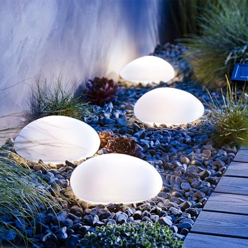 SUNNYPARK Solar Garden Lights Outdoor Set of 4 Plastic Pebble Shape Decorative Rock Lights Waterproof - Cool White