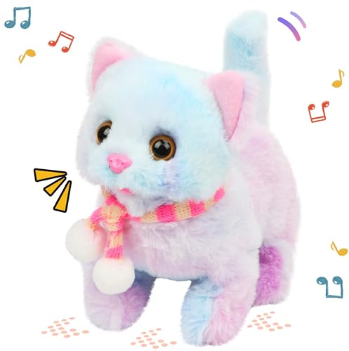 Easfan Walking Kitty Plush Toy Electric Interactive Cat Stuffed Animal Meowing Tail Wagging Head Nodding Cat Pet Toy Animated Kitten Birthday for Kids Toddlers,7.5’’ (Rainbow)