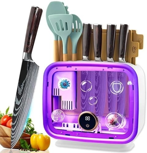 HOABLORN Set de cuchillos de cocina con Bloque de Cuchillos Inteligente de 11 piezas, Autolimpieza con Secado al Aire Caliente a 70°C para Detener la Oxidación,4pcs acero inoxidable alemán