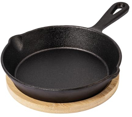 Dc Casa Padella in Ghisa Pesante, da Portata, con Vassoio in Bambù per il servizio a Tavola, 25 x 16,5 x 3h cm per Antipasti e Tapas, Cucina Moderna