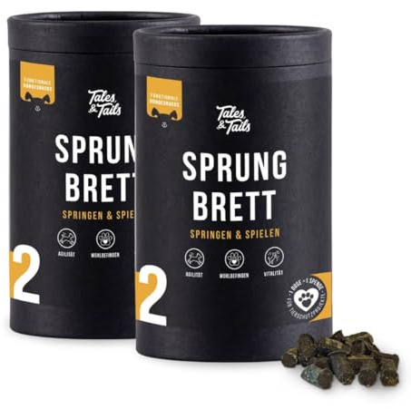 Tales & Tails Sprungbrett Funktionaler Snack für Hunde, MSM, Grünlippmuschelpulver, Kollagen, Allergiker geeignet, Getreidefrei (2 Dosen / 2 x 325g)