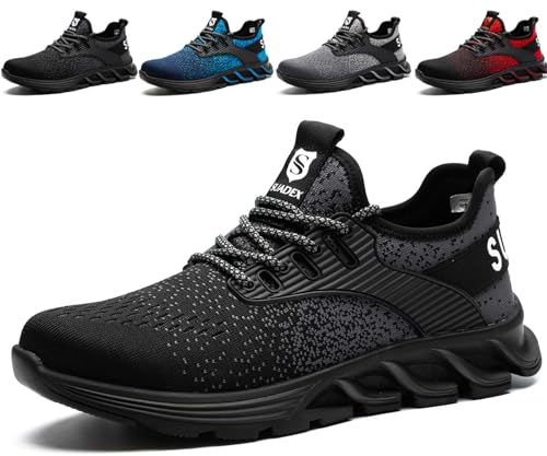 SUADEX Sicherheitsschuhe Arbeitsschuhe Herren Damen Leicht Arbeitsschutzschuhe Stahlkappenschuhe Atmungsaktiv mit Stahlkappe Schwarz 46 EU