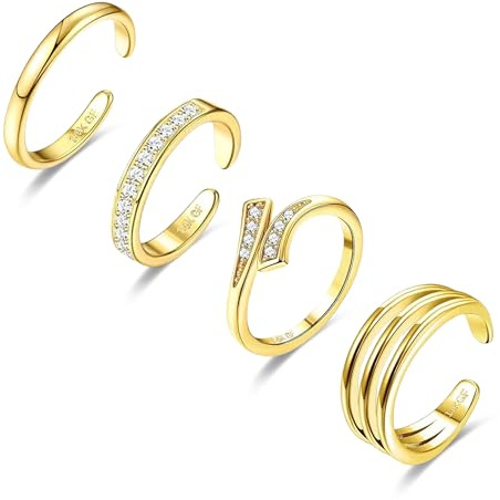 LOFITOR 4 Stück 14K Gold Gefüllte Zehenring Verstellbare Zehenringe Set für Damen Grün Einfach Süß Wasserdicht Gold Opal CZ Herz Offene Zehenringe Sommer Strand Fußschmuck