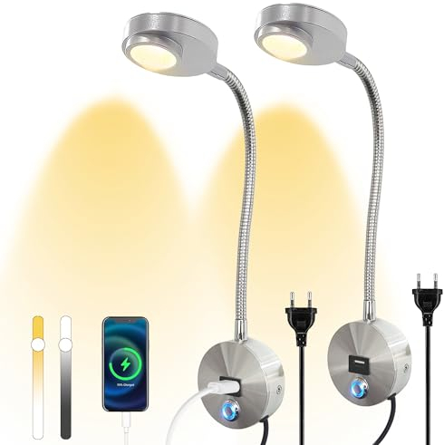 2 Stück Leselampe Wandmontage LED Wandleuchte mit Touch Control Dimmbar und USB-Ladeanschluss Nachttischlampe 360° Schwenkbar Schwanenhals Lampe Bettlampe mit Stecker und Kabel für Schlafzimmer