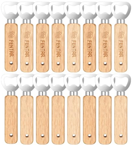 Fentar 16Pcs Wooden Bottle Opener, Stainless Steel Beer Bottle Opener, Ergonomic Personalised Bottle Opener, Durable Beer Opener, Handheld Portable Bottle Openers for Beer Soda Juice Bar Home Party