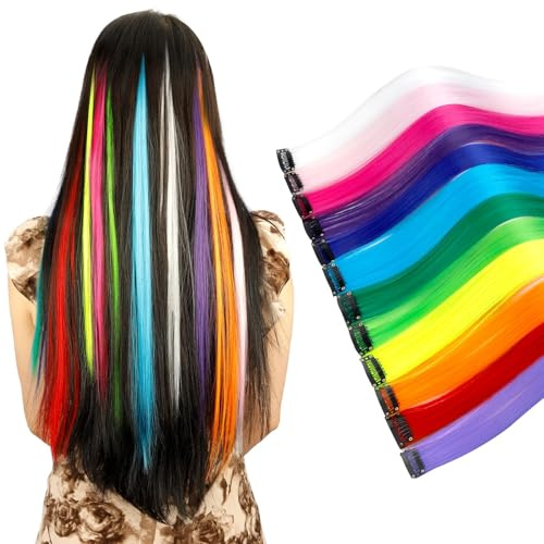 Haarsträhnen Zum Einklipsen,12 Stück Bunte Haarsträhnen,Extensions Bunt,Bunte Haarverlängerungs,Farbige Haarverlängerung,Bunte Haarverlängerungs Set,Bunte Haarsträhnen Mit Haarclips,Weihnachten Haare