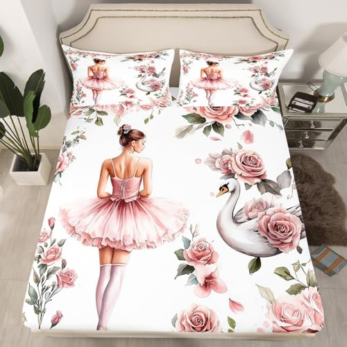 Ballet Girl Fitted Sheet King Size,Princess Dancing Theme Vintage Pink Roses Flowers Bed Cover(1 Fitted Sheet+1 Pillow Case),White Swan Romantic Floral Mattress Cover
