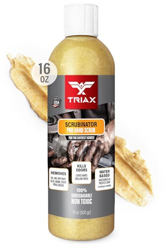 TRIAX Scrubinator - Heavy Duty Hand Cleaner with Grit - Mechanics Hand Scrub & Industrial Soap - Removes Grease Oil Paint Adhesives - For Garages Workshops Construction & Kitchen Use (16 Oz/500 grams)